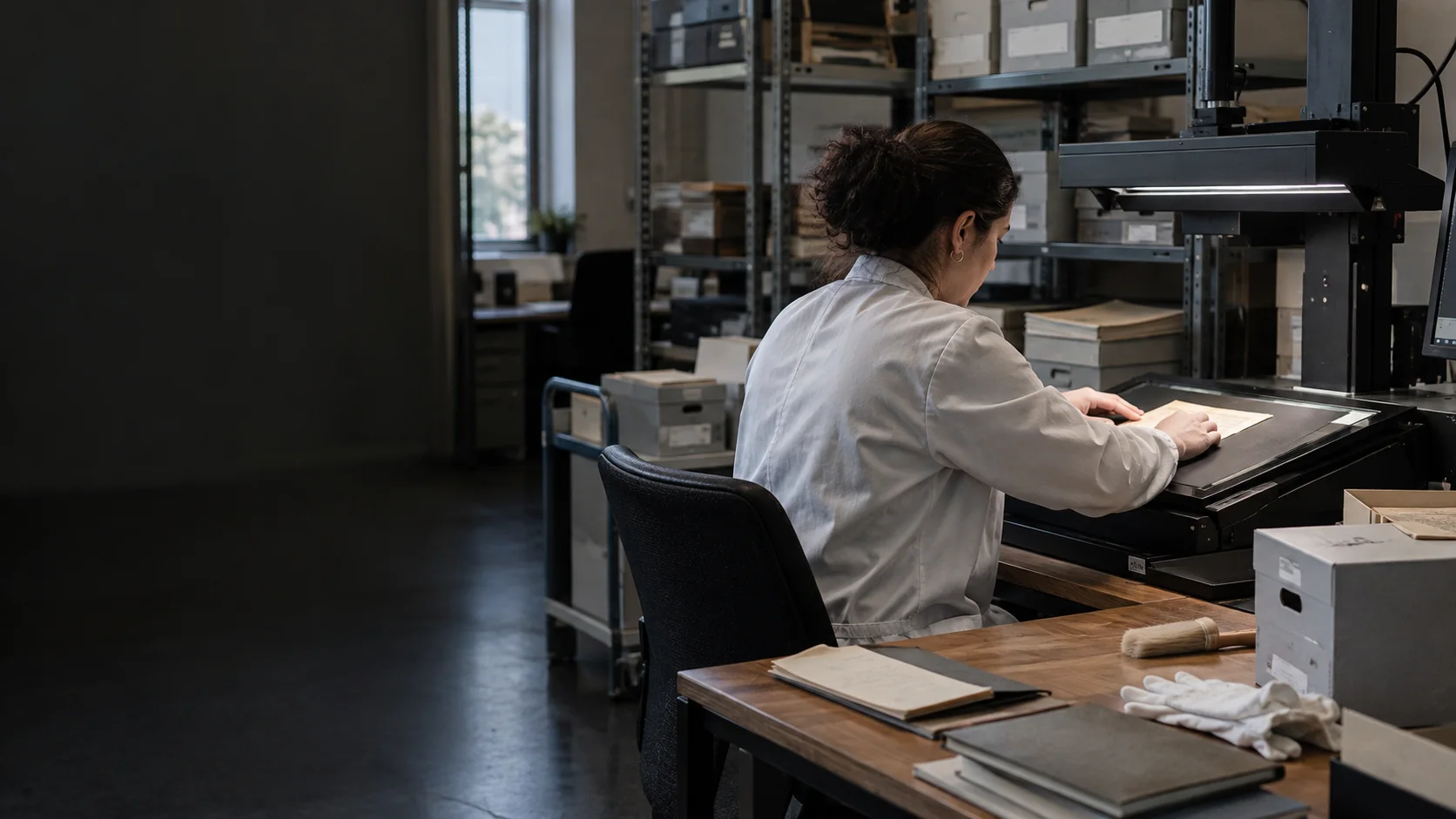 Archive specialist digitising documents with a professional scanner