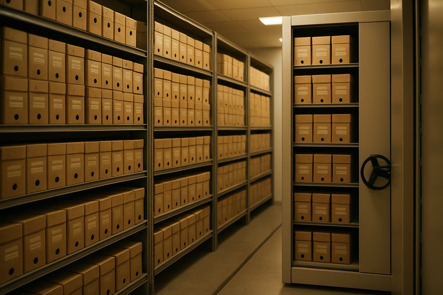 Neatly stacked archive boxes and a compact shelving system in an archive storage room