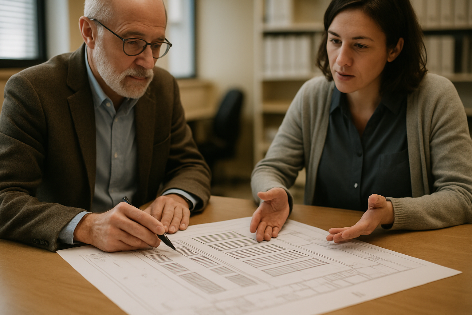 Two specialists reviewing an archive floor plan at a table