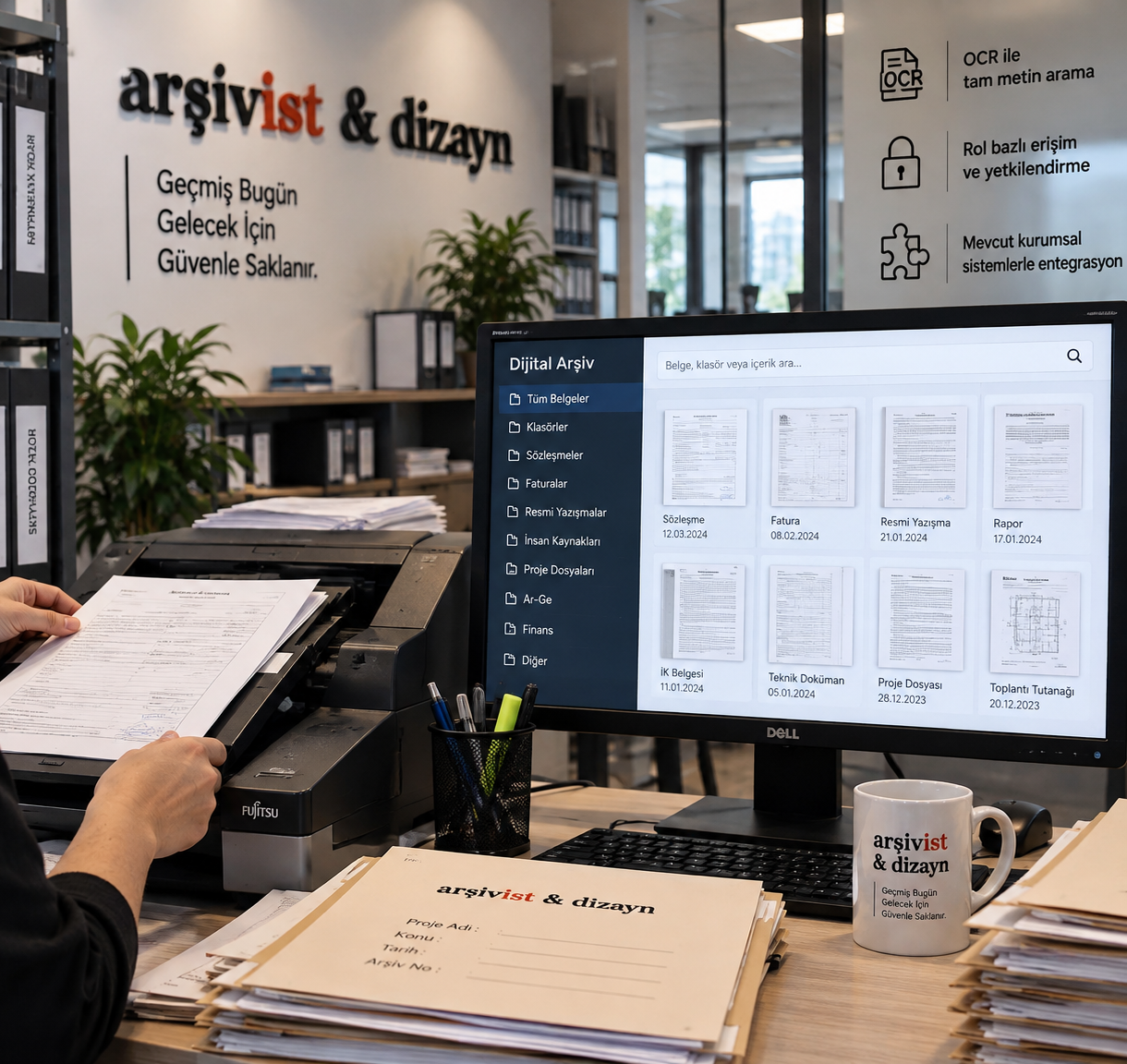 A specialist turning the page of an old document under a professional overhead scanner, during the scanning stage of the digital archiving process