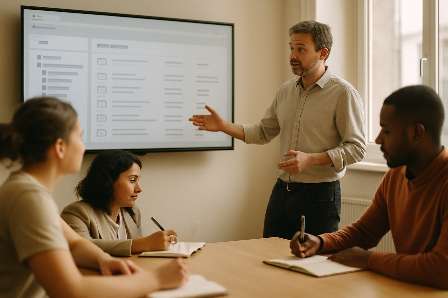A trainer delivering document management system training in a meeting room