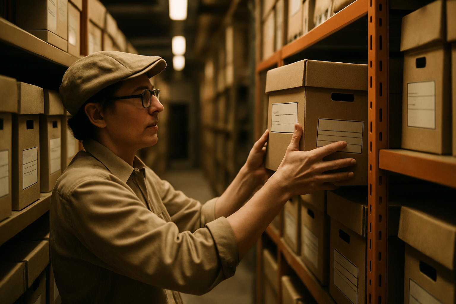 A specialist placing a labelled archive box onto a warehouse shelf