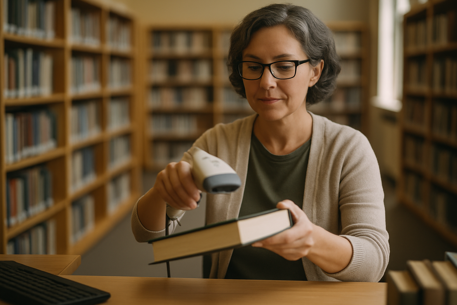 A librarian scanning a book barcode at the library desk