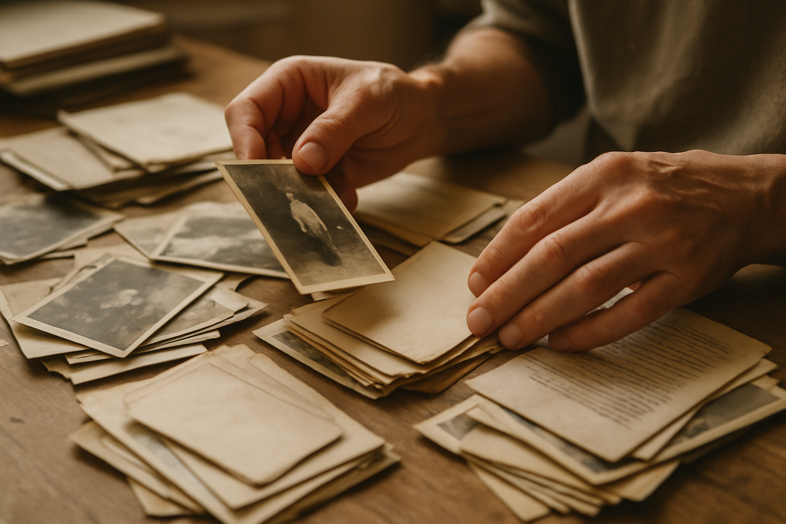 Hands examining old photographs, letters and postcards on a table