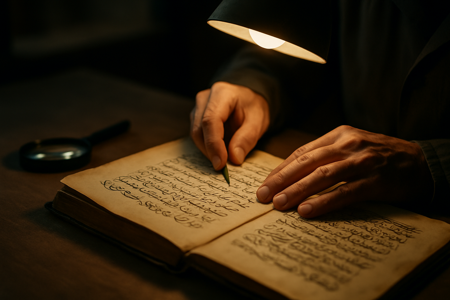 A specialist examining an Ottoman manuscript under a desk lamp