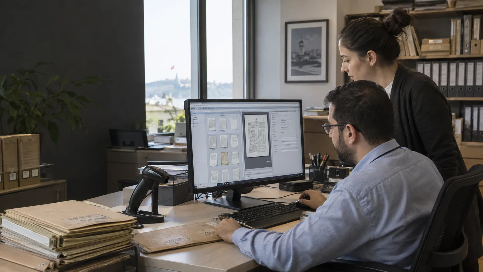 Archive team working with a document management system