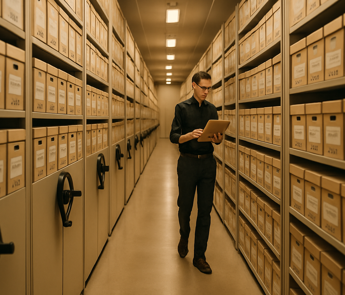 A specialist doing an inventory check with a tablet in an archive depot with compact shelving