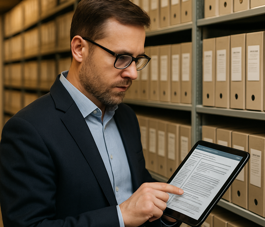A specialist reviewing a digital document management system on a tablet in front of archive shelving