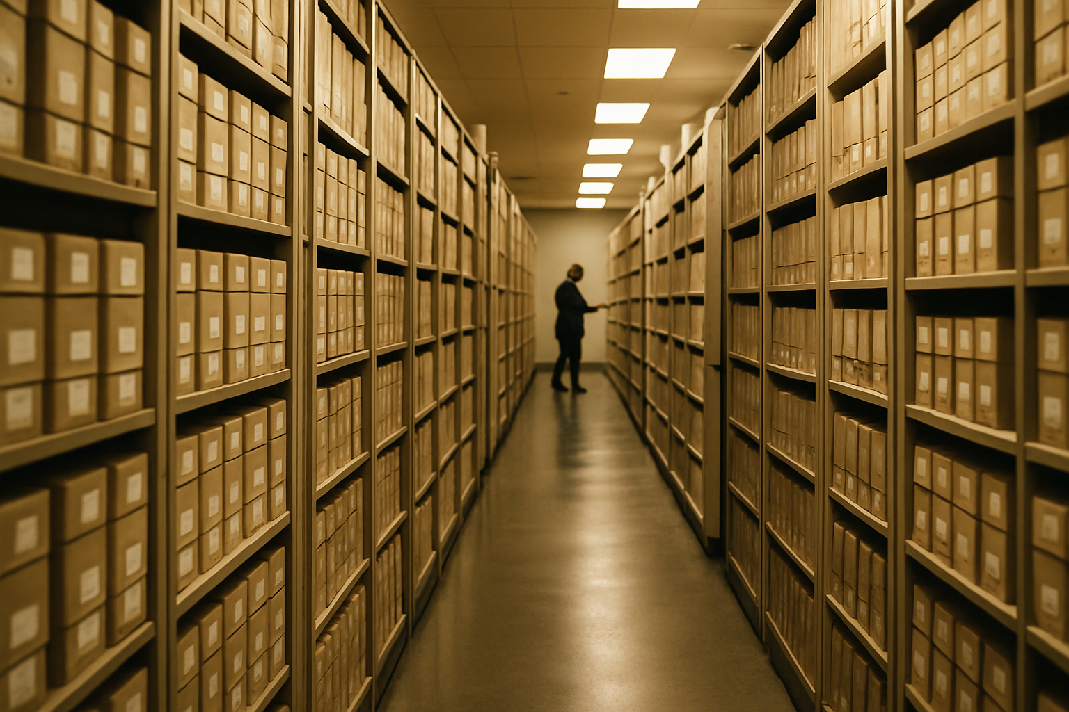 Corridor of a large archive storage room lined with compact shelving