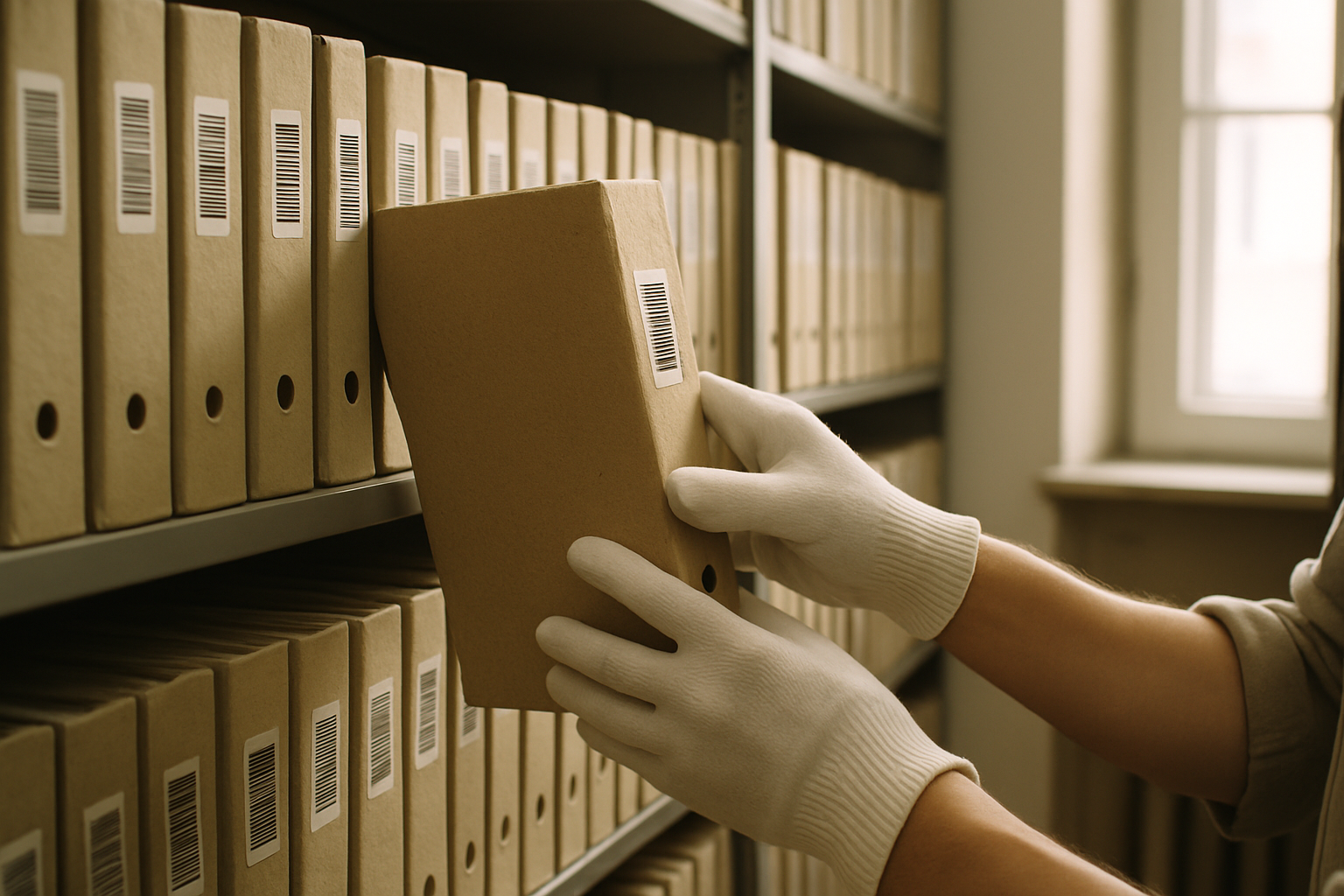 A gloved specialist placing a barcode-labelled archive folder onto a shelf