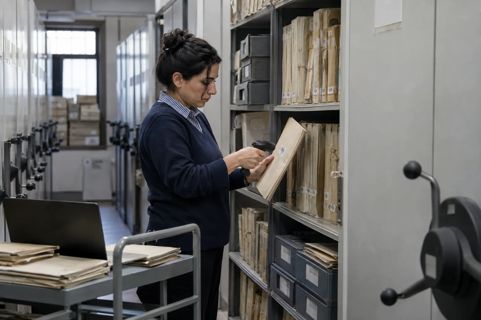 Specialist scanning an archive file barcode on compact shelving
