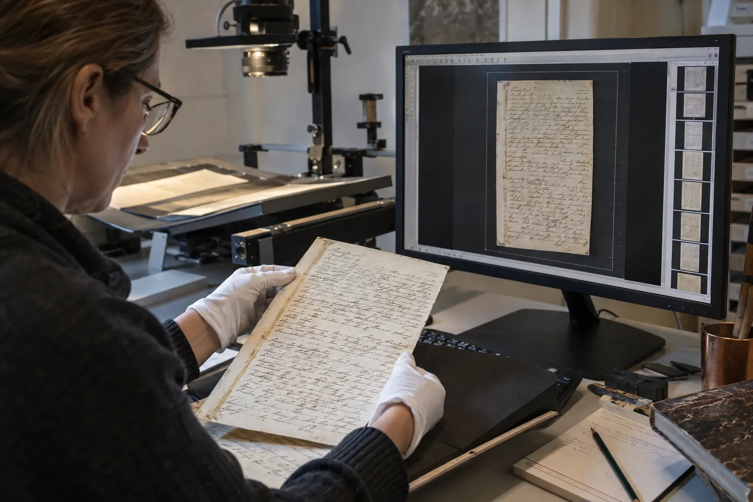 Specialist checking the digital image of a historic document on screen