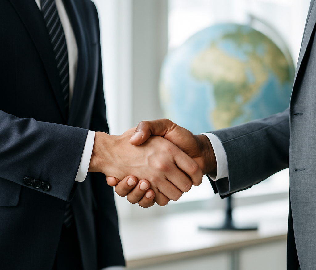 Two business people shaking hands in front of a world globe, symbolising global collaboration
