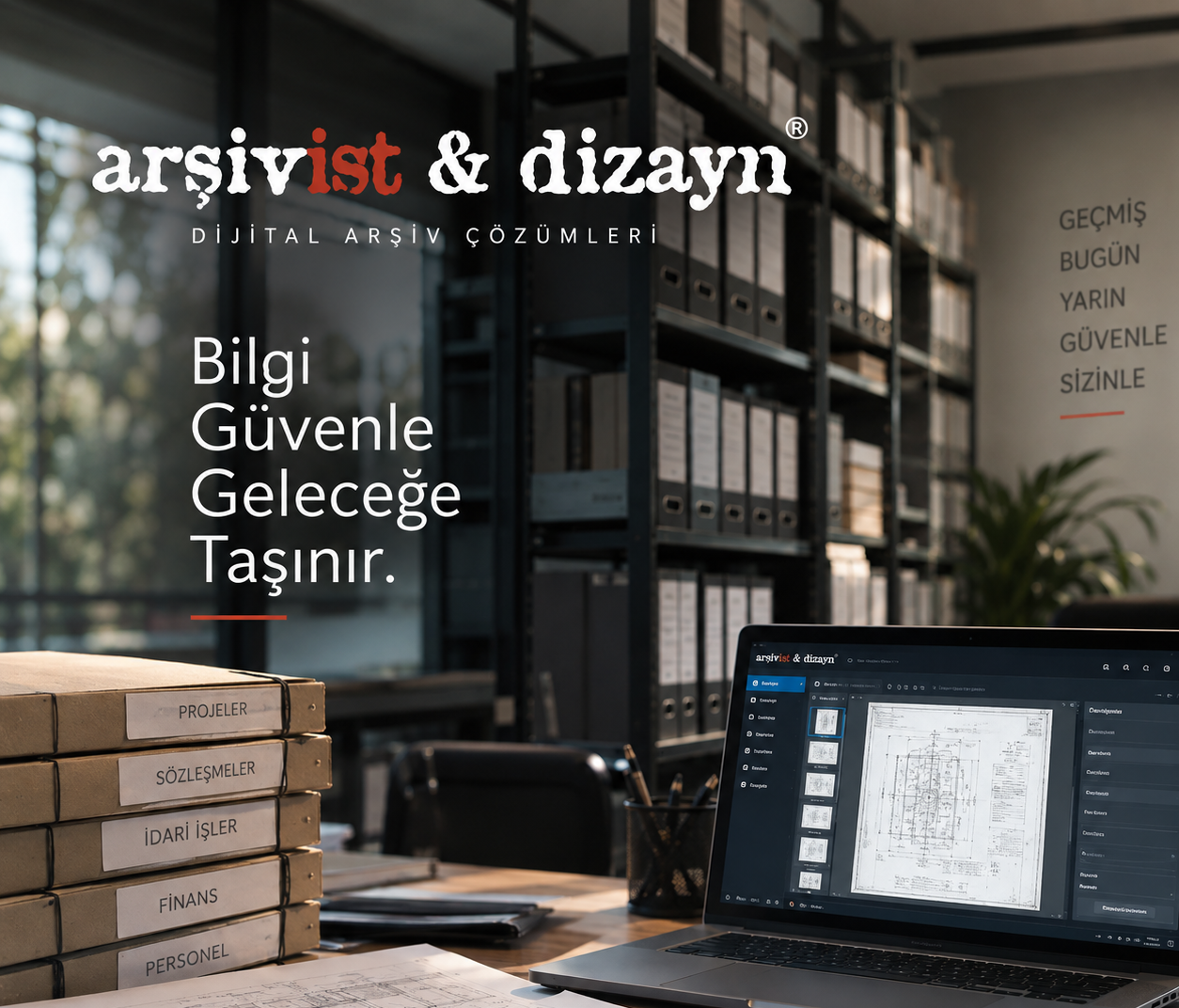 A laptop open to the document archive management system screen, in front of archive shelving at the Arşivist & Dizayn office
