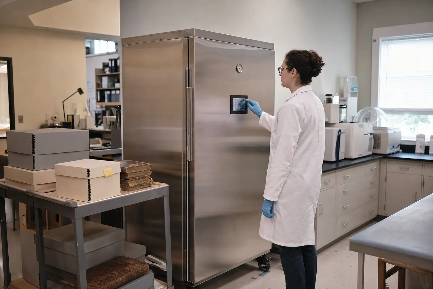 A conservator using the touchscreen control panel of a Docursan 1 disinfection cabinet in a laboratory