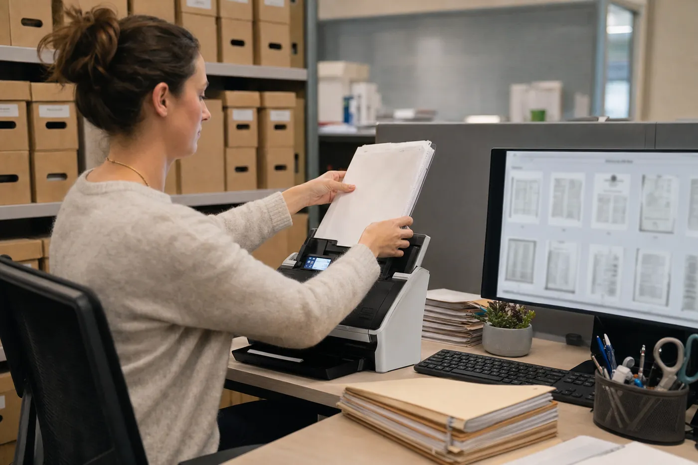 An office worker loading a stack of documents into a fast document scanner