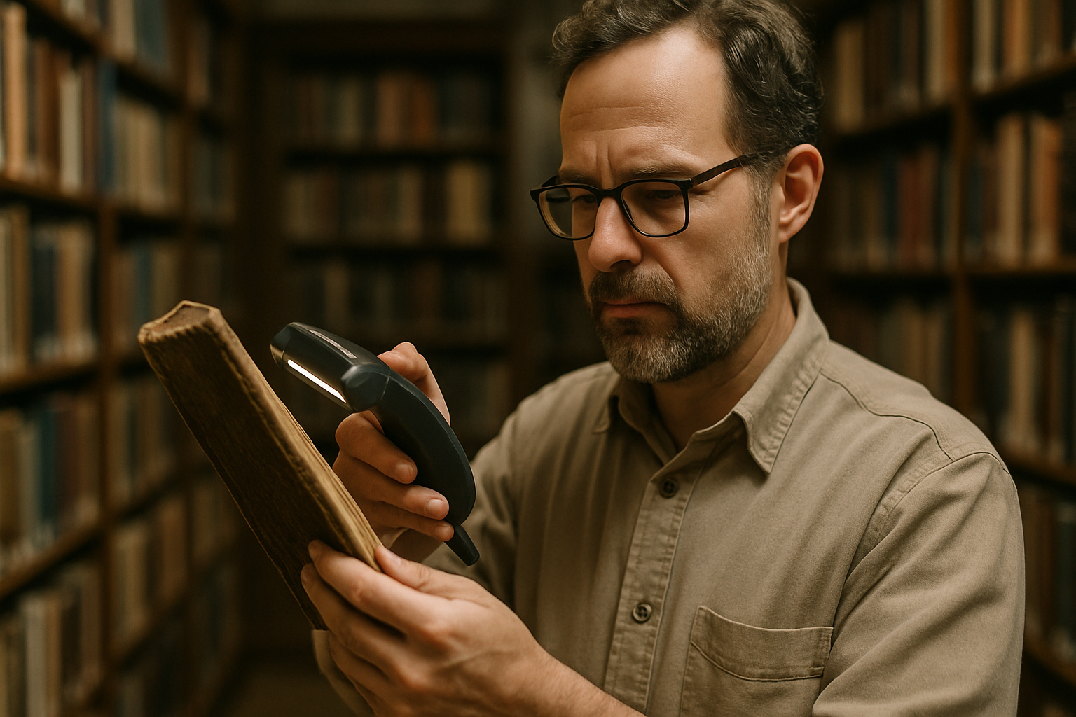 A library specialist scanning an old book with a handheld scanner, with bookshelves in the background