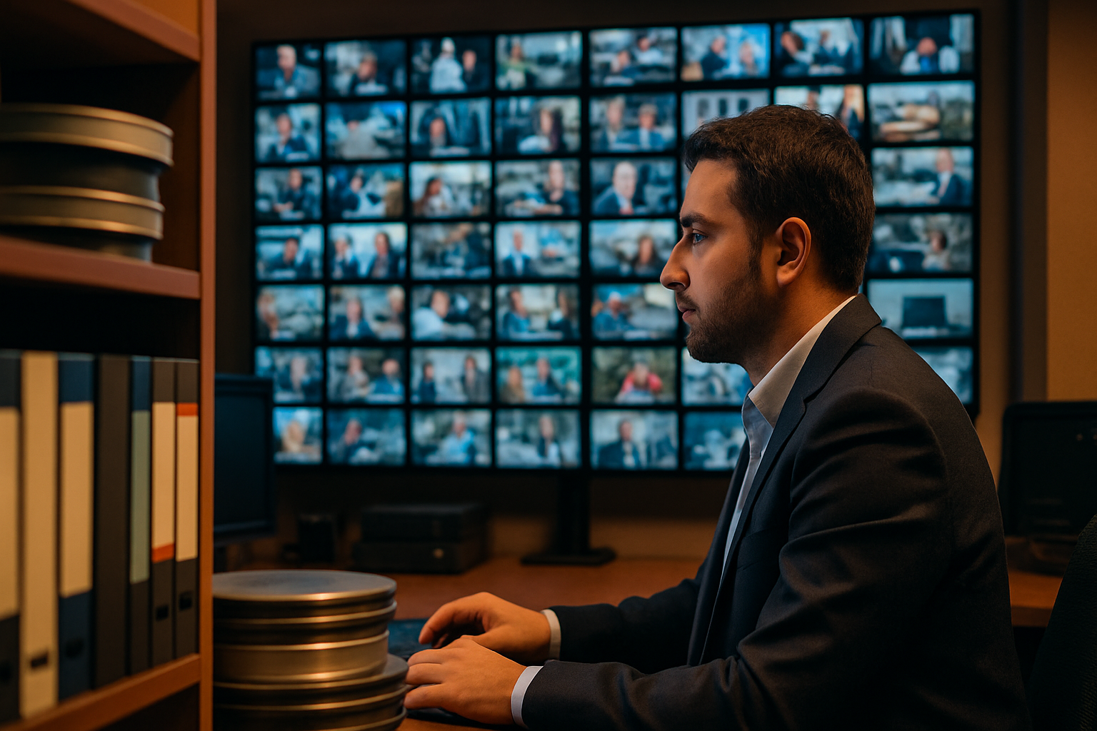 A specialist reviewing a video and media archive with an archive media management system