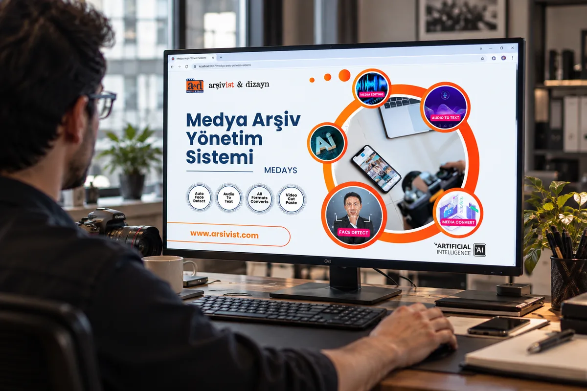 Screen showing the AI-powered features of the Arşivist MEDAYS media archive management system: face recognition, audio-to-text conversion and media conversion