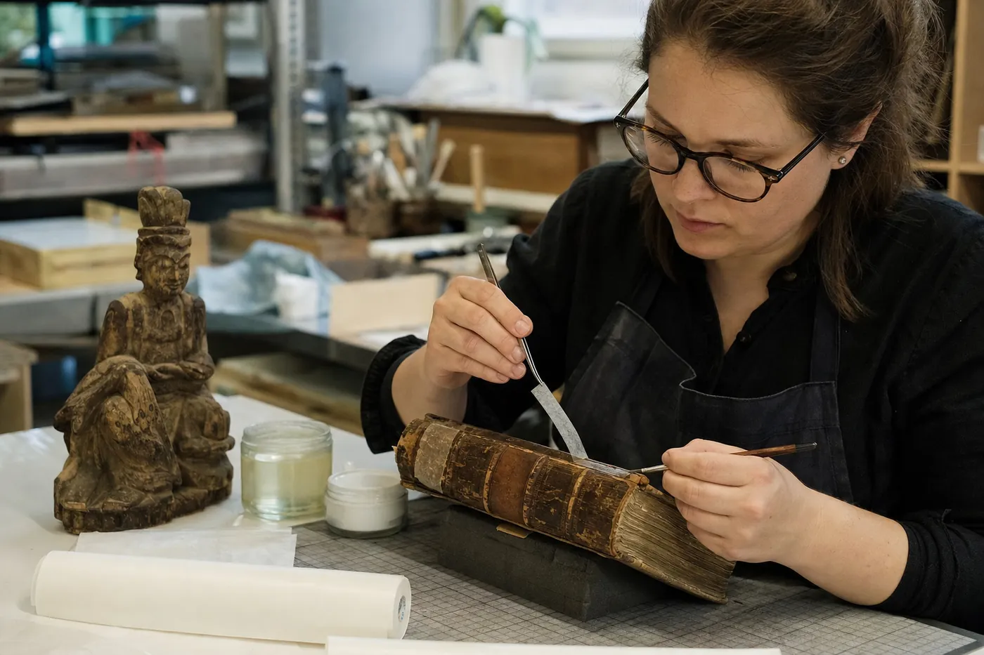 A conservator repairing the spine of an antique leather-bound book with thin Japanese paper, with a wooden sculpture beside it