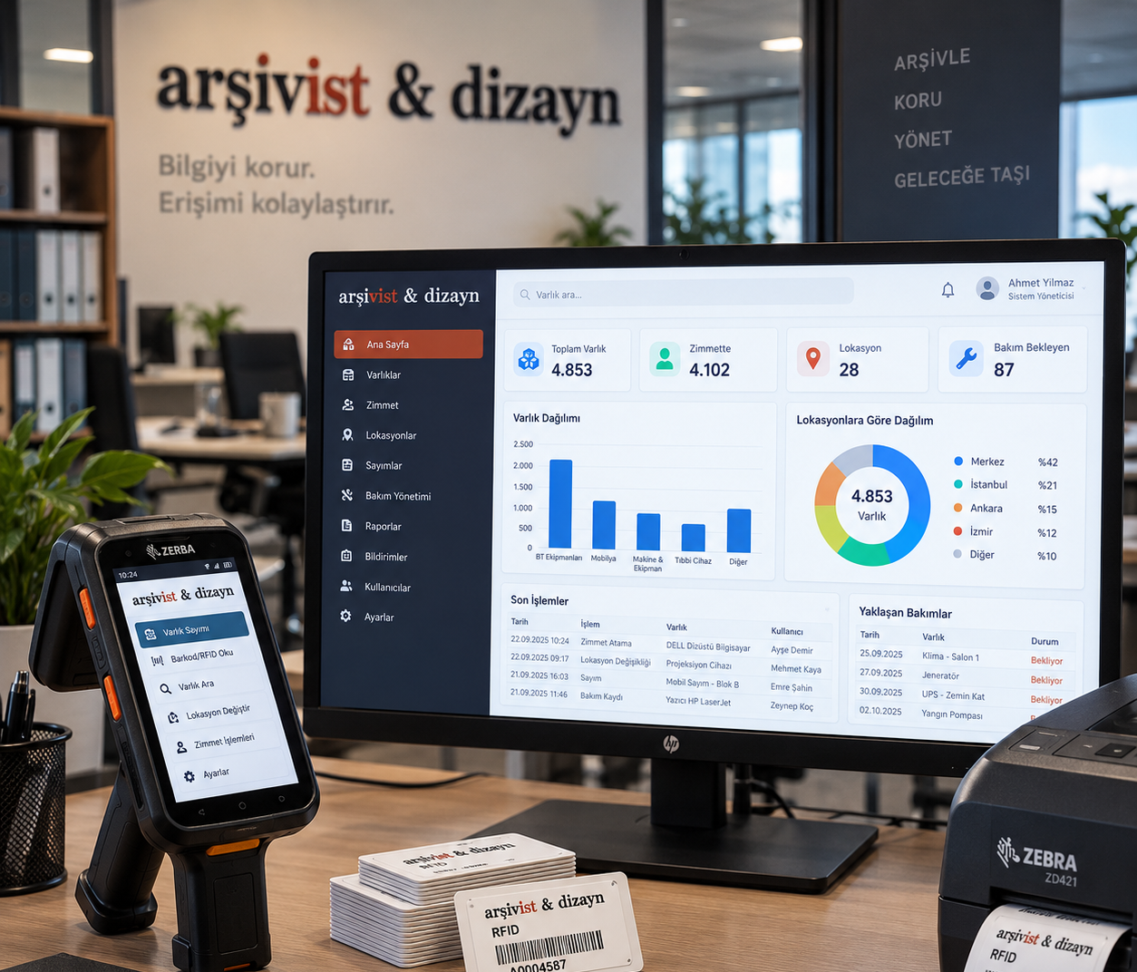 Arşivist Corporate Asset Management System dashboard in an office setting, together with an RFID handheld terminal and label printer