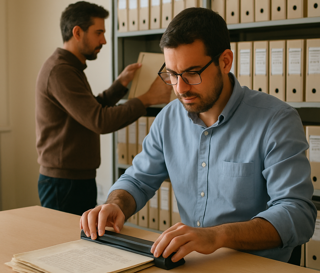 Two archive specialists working on-site, scanning documents and organising archive boxes