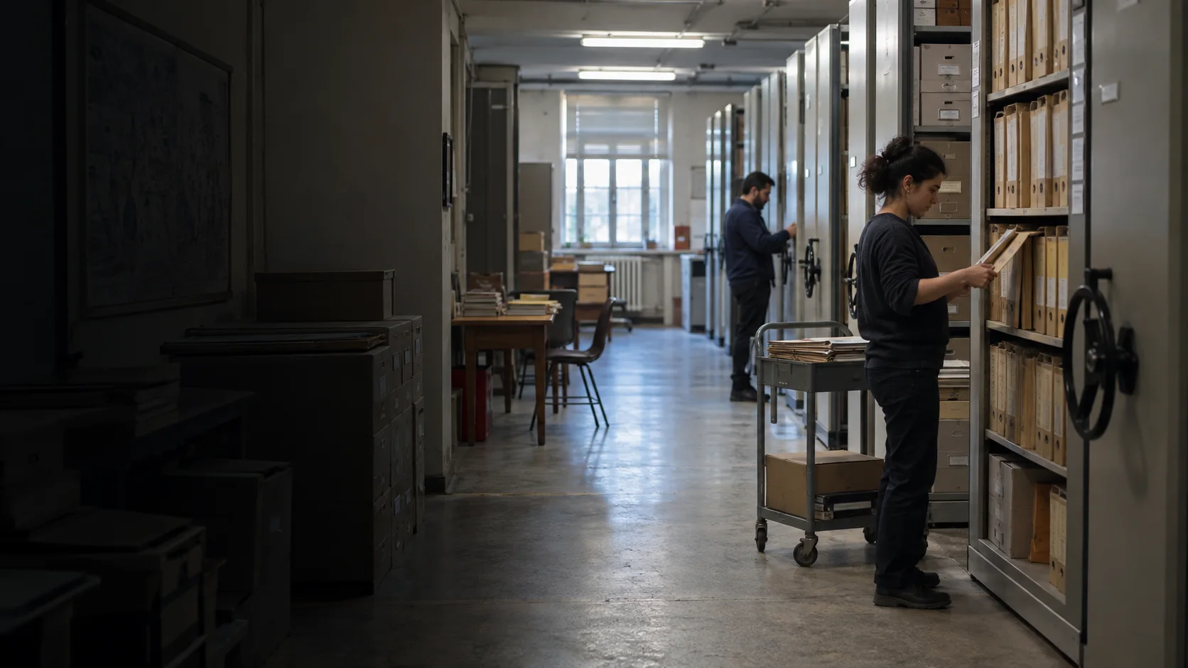 Archive specialists checking files in compact shelving