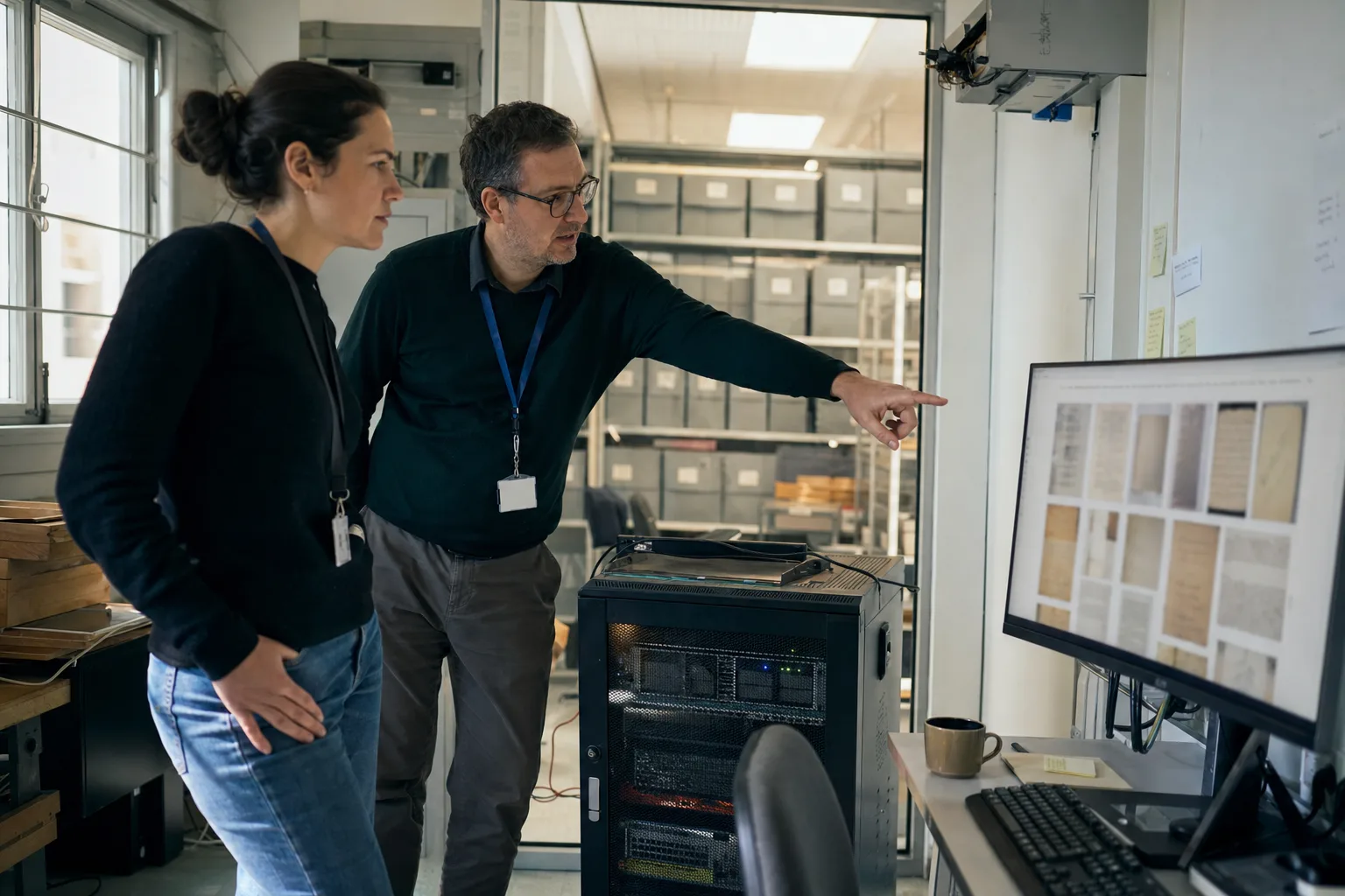 Two specialists reviewing scanned historical documents on screen next to an on-premises server cabinet