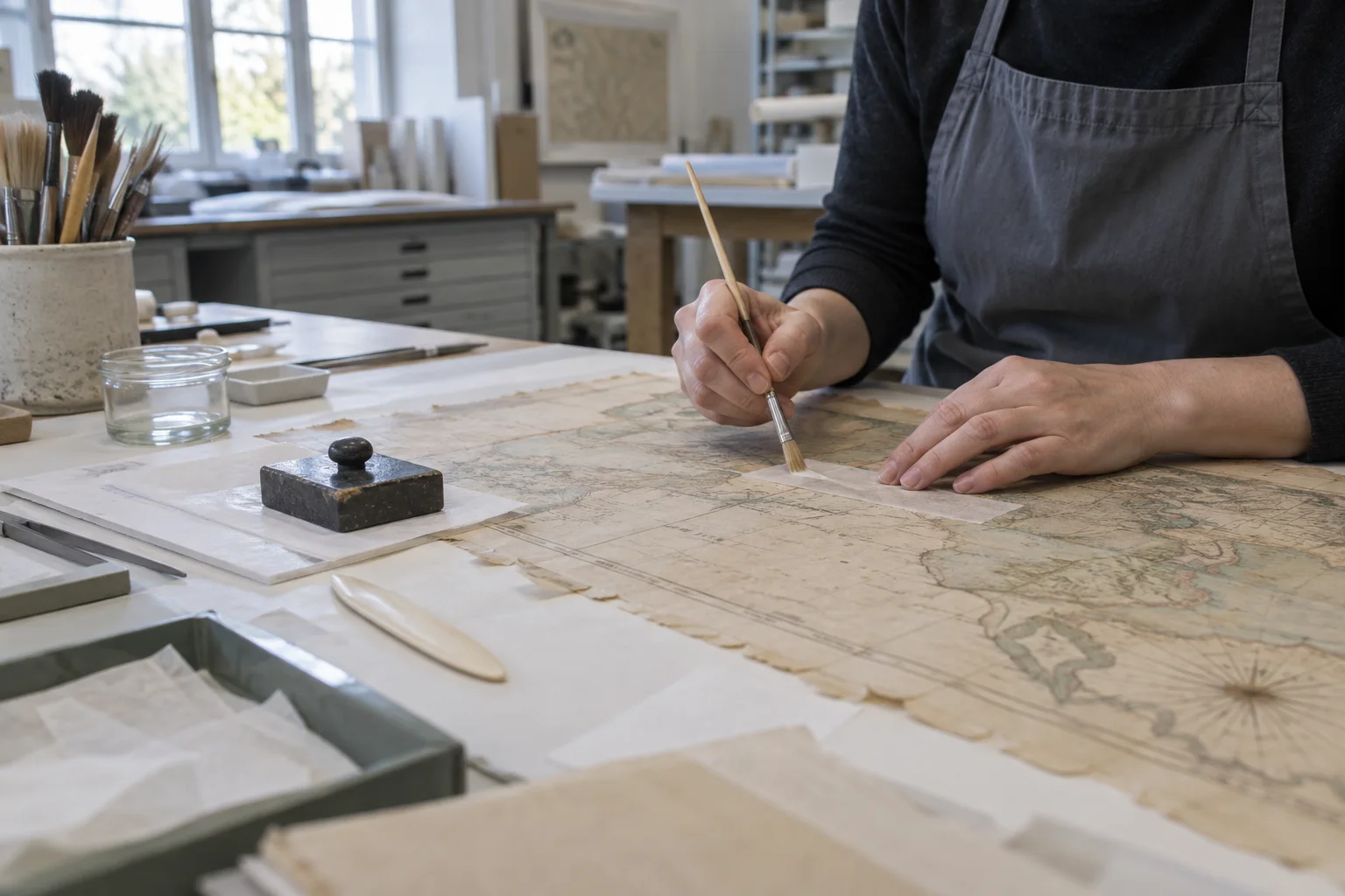 Conservator carrying out delicate paper repair on a historic map